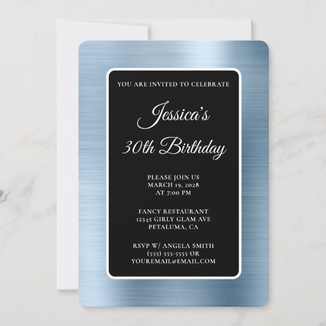 Invitation Foil bleu clair noir et blanc 30e anniversaire (Devant)