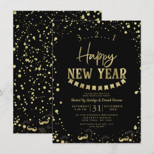 Invitation Foil Noir & Or Confetti Jour de l'An Fête de la Ré