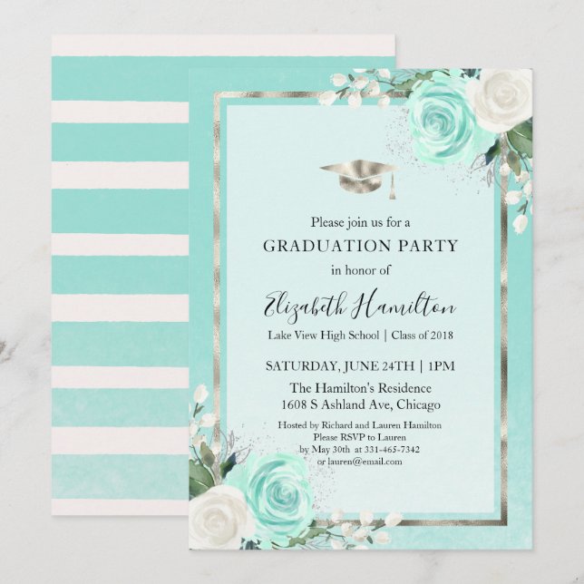 Invitation Foil Silver & Turquoise Moderne Floral Graduation  (Devant / Derrière)