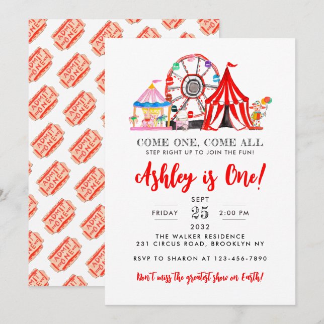 Invitation Foire du Carnaval du Cirque Show Party Enfant Anni (Devant / Derrière)