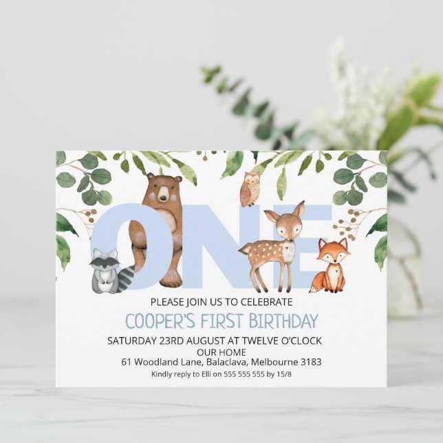 Invitation Foliage Animaux de bois 1er anniversaire Invitatio (Debout devant)
