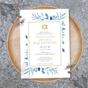 Invitation Foliage Aquarelle Bleue Bar Mitzvah Bat Mitzvah