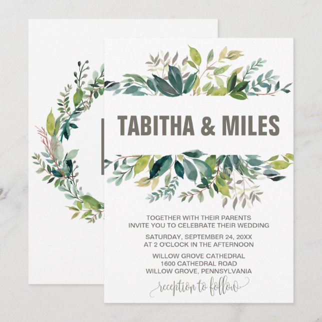Invitation Foliage avec Mariage de support de couronne Monogr (Devant / Derrière)