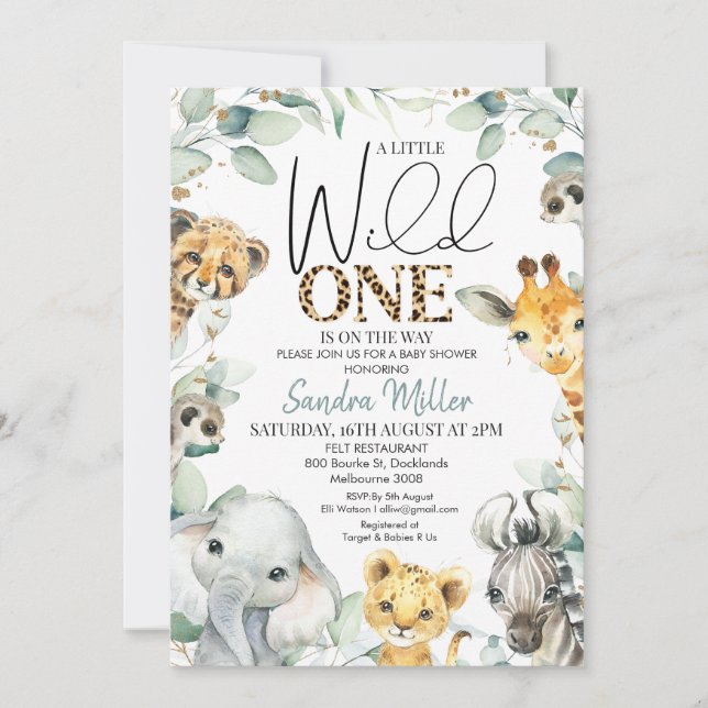Invitation Foliage Cheetah Imprimer Safari Wild One Baby show (Devant)