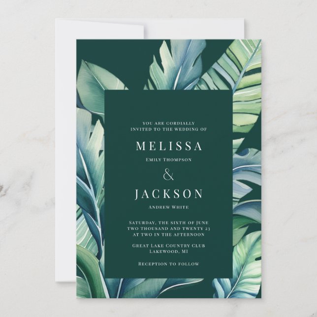 Invitation Foliage exotique sauvage et tropicale Feuille (Devant)