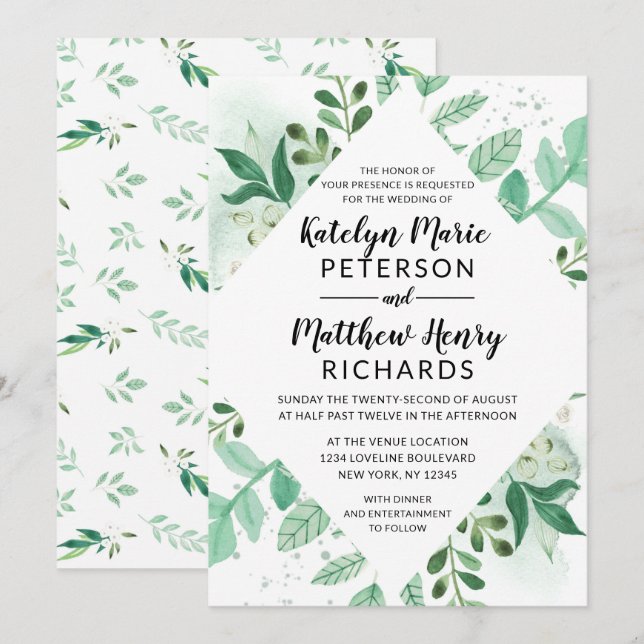 Invitation Foliage frais Botanique Aquarelle Diamant Mariage (Devant / Derrière)