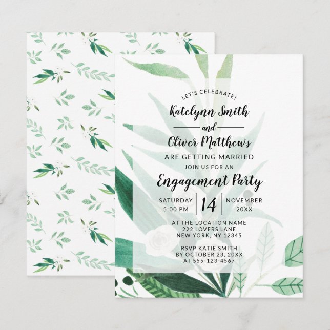 Invitation Foliage frais Botanique encadré partie d'engagemen (Devant / Derrière)
