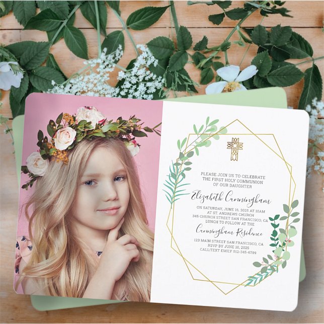 Invitation Foliage géométrique Cross Photo Communion Invitati (Créateur téléchargé)