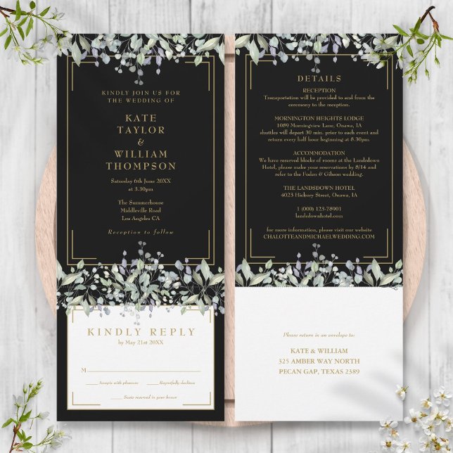 Invitation Foliage Lilac Noir Et Or Tout En Un Mariage (Lilac Foliage Black And Gold All In One Wedding Invitation)