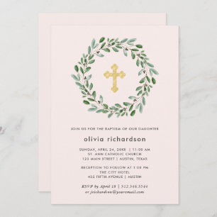 Invitation Foliage minimaliste  Baptême rose avec Croix d'or