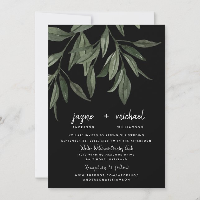 Invitation Foliage Moderne Police Noir Site Web Mariage (Devant)