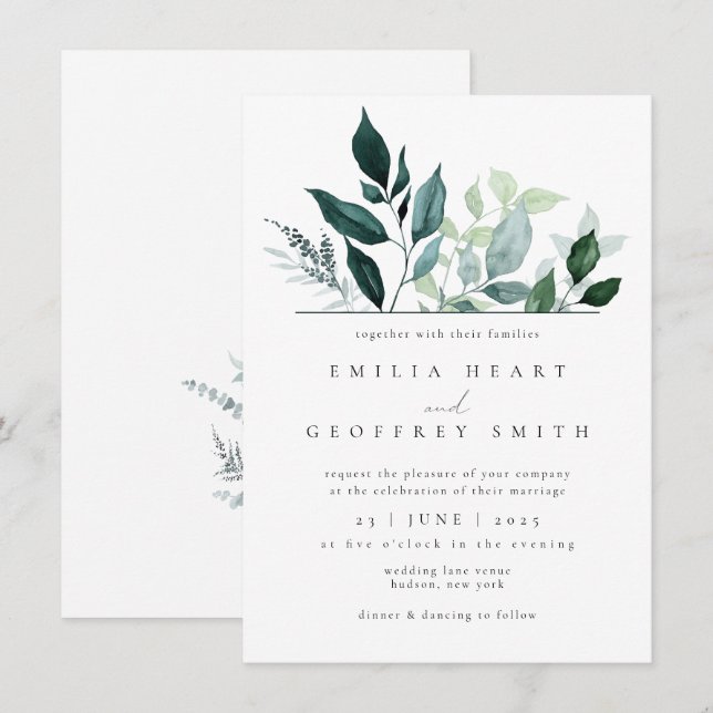 Invitation Foliage simple Feuille Jardin Mariage bois (Devant / Derrière)