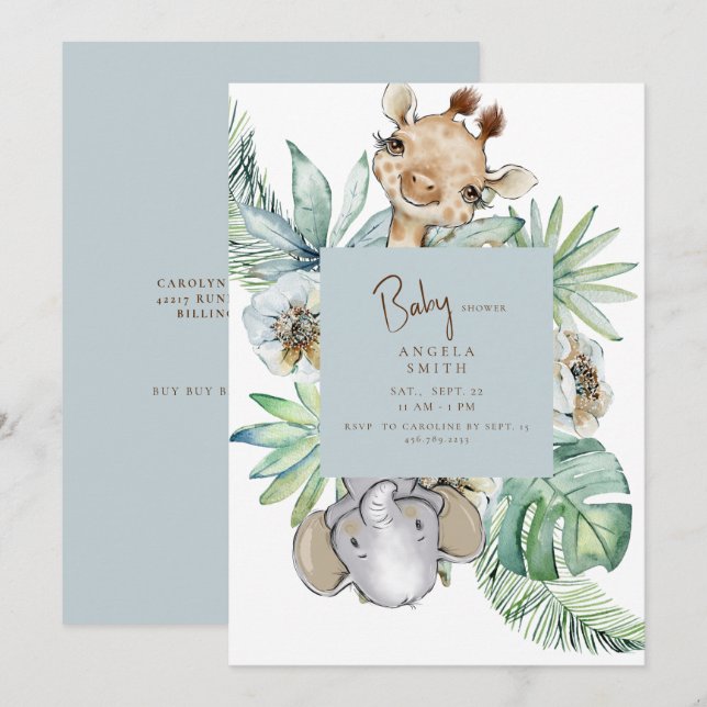 Invitation Foliage tropical Baby shower de la Jungle Bleue Du (Devant / Derrière)