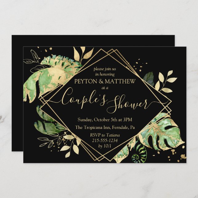 Invitation Foliage Tropical Black & Gold Couple's Shower (Devant / Derrière)
