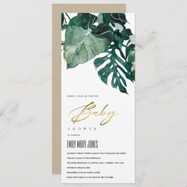 INVITATION FOLIAGE TROPICAL MODERNE MONSTERA BABY SHOWER INVI (Devant / Derrière)