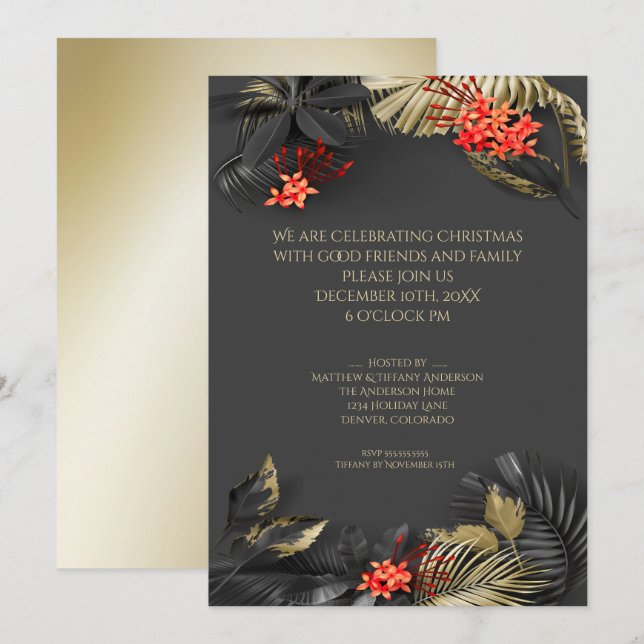 Invitation Foliage Tropical Noir de Crimson de Noël (Devant / Derrière)