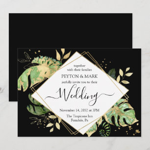 Invitation Foliage Tropical Noir & Or Mariage géométrique