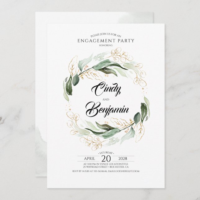 Invitation Foliage vert et Gold Feuilles (Devant / Derrière)