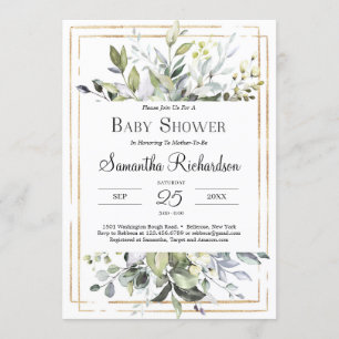 Invitation Foliage vert et GOold Geometry Boho Baby