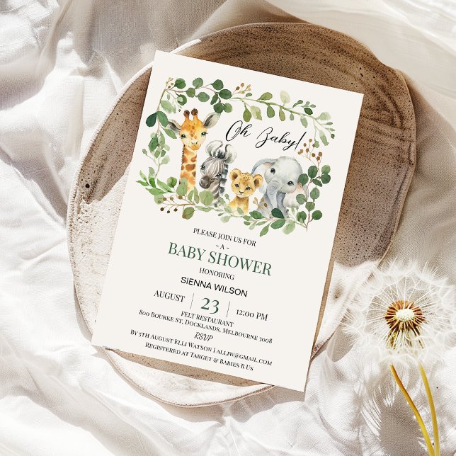 Invitation Foliage Vert Genre Neutre Safari Baby shower (Safari Baby Shower Invitation Greenery Foliage Gender Neutral, Wild One Jungle Animals Baby Shower )