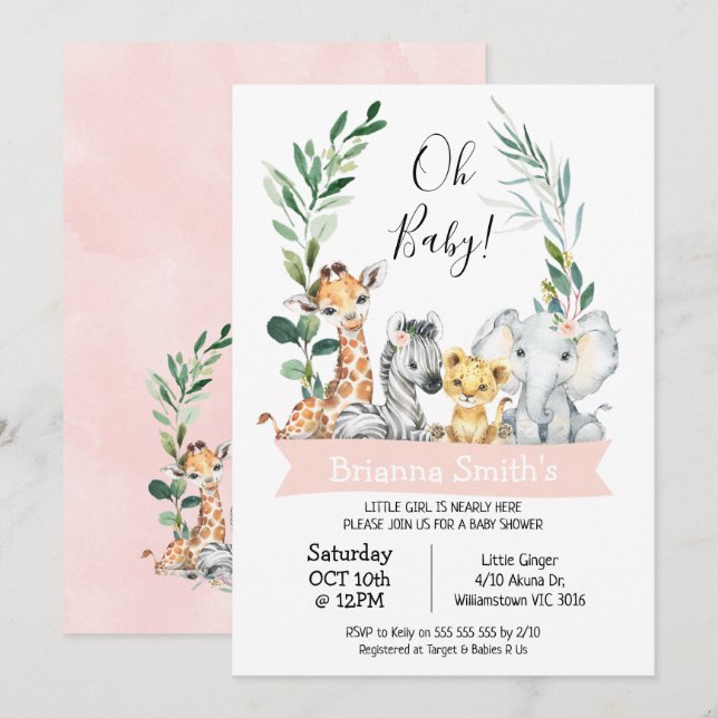 Invitation Foliage Wreath Girls Safari Animaux Baby shower (Devant / Derrière)