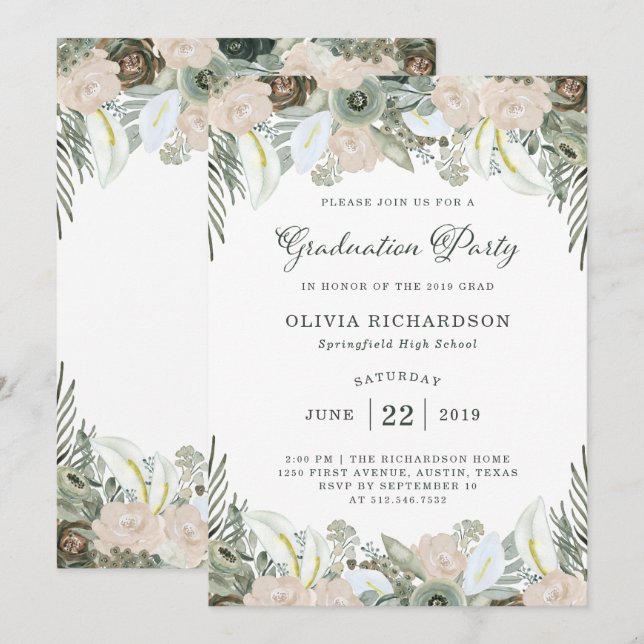 Invitation Folithe et flore| Sage Green Graduation Party (Devant / Derrière)