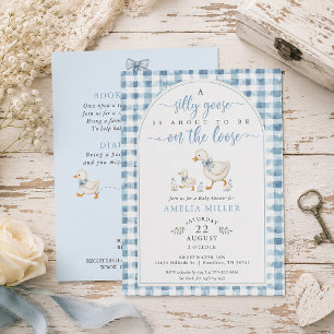 Invitation Folle oie en liberté Baby Shower Bleu Gingham