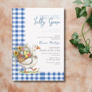 Invitation Folle Oie Gingham Bleu Fleur Baby Shower