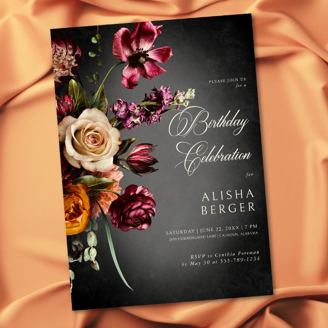Invitation Foncé élégant automne fleuri Anniversaire (Dark Elegant Autumn Floral Birthday Invitation)