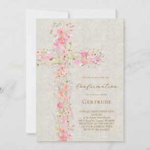 Invitation fond beige fleurs roses croix Confirmation