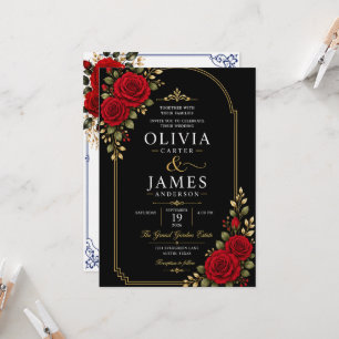Invitation Fond de toile de mariage floral bleu Rose rouge