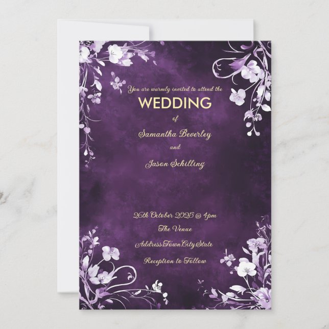 Invitation Fond Deep Purple avec bordures florales blanches (Devant)