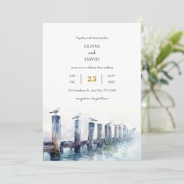 Invitation Fond en bois rustique Gulls Ocean View Beach Weddi (Debout devant)