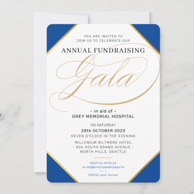 Invitation FONDEMENT GALA élégant événement royal bleu or (Devant)
