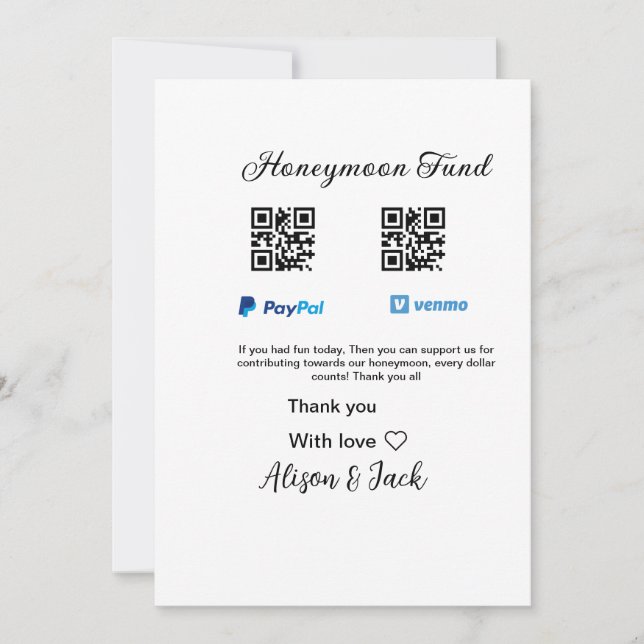 Invitation Fonds de lune de miel venomo paypal don Q R couple (Devant)