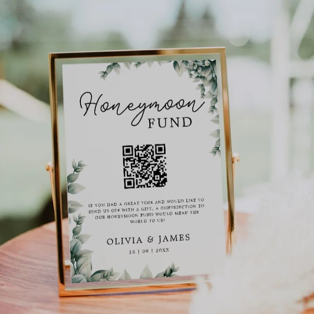Invitation Fonds de Lune de Miel verte SIGNE QR Code, Mariage (Greenery Honeymoon Fund QR Code Sign, Wedding Invitation)