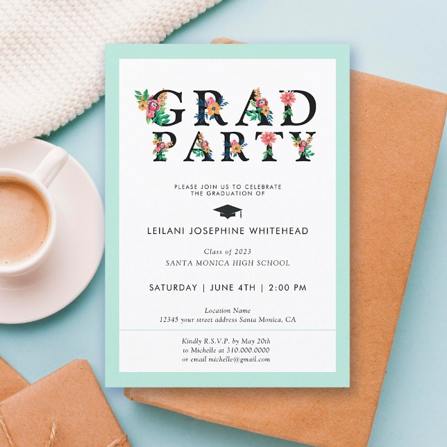Invitation Font florale moderne Grad Party (Créateur téléchargé)