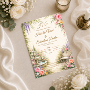 Invitation Fontaine de jardin romantique Élégance Mariage