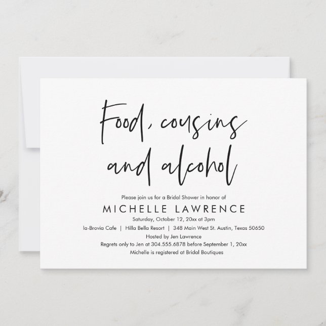 Invitation Food, Cousins and Alcohol, Casual Bridal Shower (Devant)