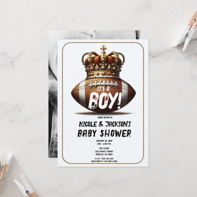 Invitation Football King Gold Crown Baby shower photo (Devant/Arrière en situation)