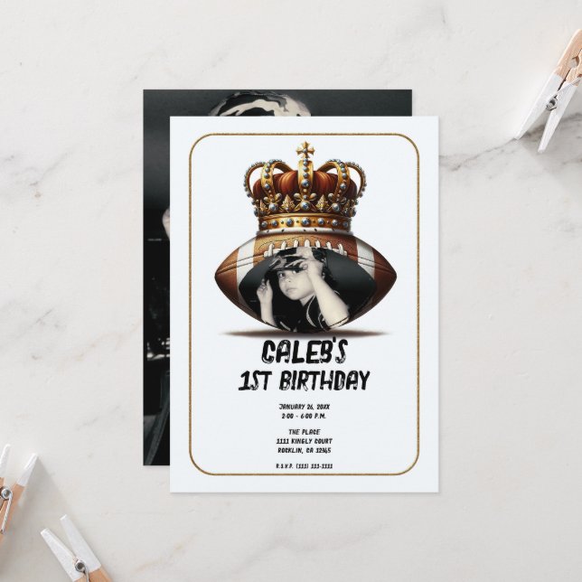 Invitation Football King Gold Crown Photo 1er anniversaire (Devant/Arrière en situation)