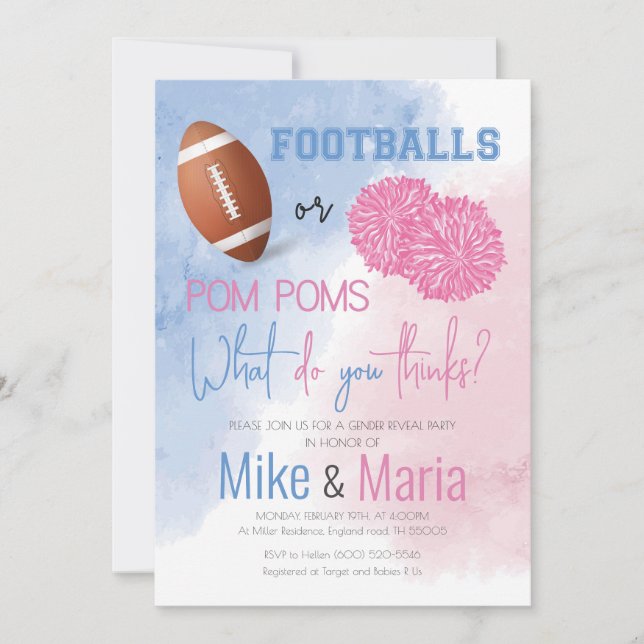 Invitation Football ou Pom Poms sexe révéler l'invitation (Devant)