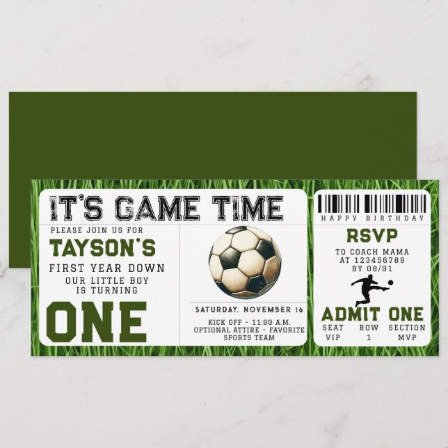 Invitation Football première année bas 1er anniversaire Bille (Devant / Derrière)