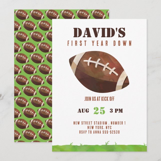 Invitation Football première année bas 1er anniversaire garço (Devant / Derrière)