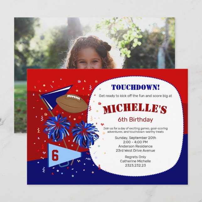 Invitation Football Rouge, Blanc et Bleu Anniversaire (Devant / Derrière)
