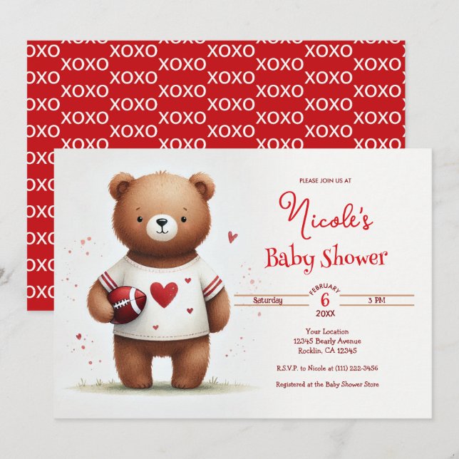 Invitation Football Teddy Bear Baby shower de Valentine (Devant / Derrière)