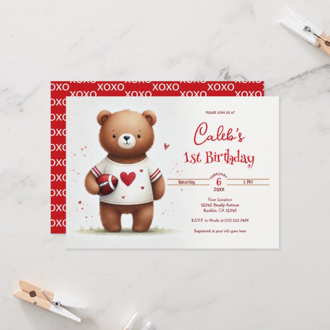 Invitation Football Teddy Bear Valentine's 1er anniversaire (Devant/Arrière en situation)