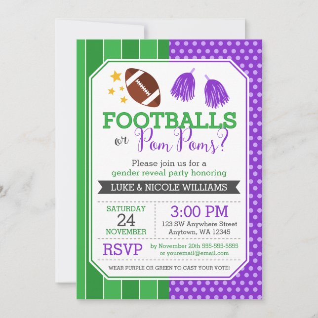 Invitation Footballs ou Pom Poms Violet Genre Reveval Party (Devant)