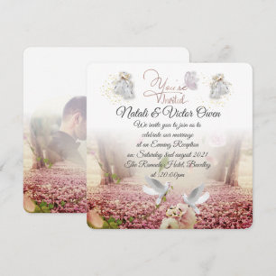 Invitation for wedding with bells and pigeons