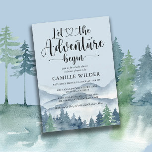 Invitation Forest Adventure Mountains Baby shower bleu